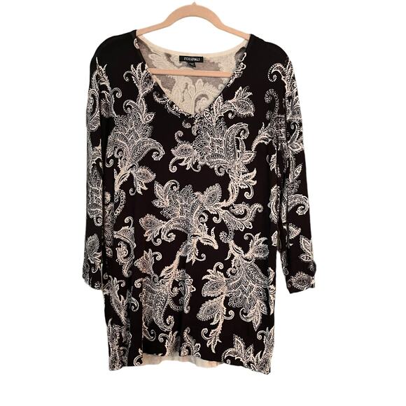 Roz & Ali 1X V-neck Sweater Paisley Black Cream Soft Light Knit Contemporary - Picture 1 of 8